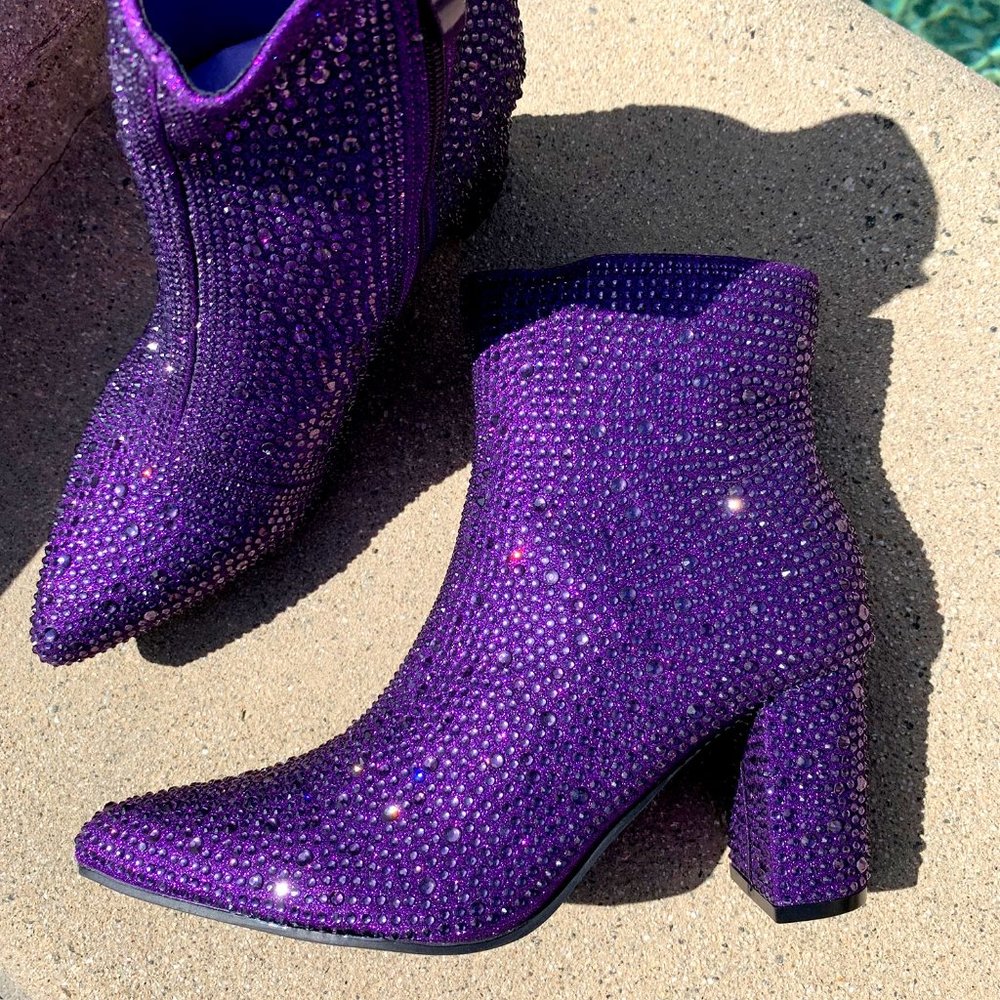 NEW🔥 Purple Jeweled Rhinestone Block Heel Ankle Boot Booties Pointed Toe w/Zip - Picture 3 of 6